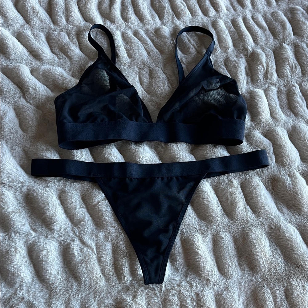 Negative underwear bra and thong panty set navy blue Sheer